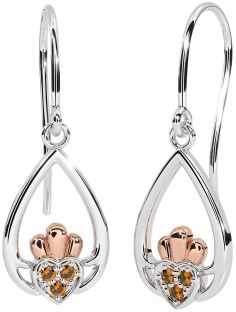 Citrine Rose Gold Silver Claddagh Dangle Earrings