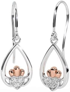 Diamond Rose Gold Silver Claddagh Dangle Earrings