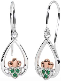 Emerald Rose Gold Silver Claddagh Dangle Earrings