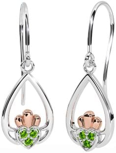 Peridot Rose Gold Silver Claddagh Dangle Earrings