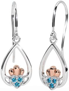 Topaz Rose Gold Silver Claddagh Dangle Earrings