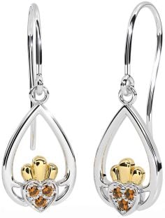 Citrino Oro Plata Claddagh Colgar Pendientes