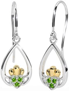 Peridot Gold Silver Claddagh Dangle Earrings