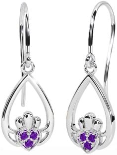 Amethyst White Gold Claddagh Dangle Earrings