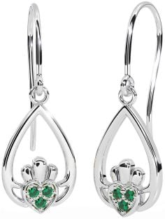 Emerald White Gold Claddagh Dangle Earrings