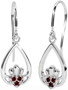 Garnet White Gold Claddagh Dangle Earrings