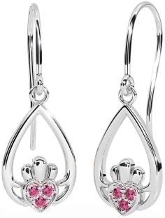 Pink Tourmaline White Gold Claddagh Dangle Earrings