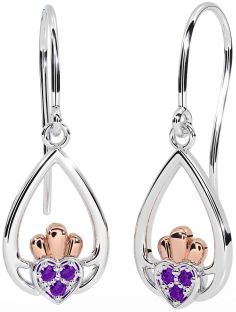 Améthyste Blanc Rose Or Claddagh Pendre Des boucles d'oreilles