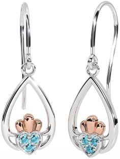 Aquamarine White Rose Gold Claddagh Dangle Earrings