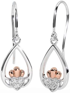 Trandafir alb de diamant Cercei de aur Claddagh Dangle