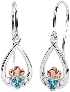 Topaz White Rose Gold Claddagh Dangle Earrings