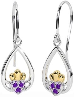 Amethyst Weiß Gelb Gold Claddagh Baumeln Ohrringe