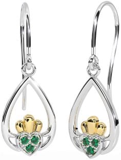 Emerald White Yellow Gold Claddagh Dangle Earrings