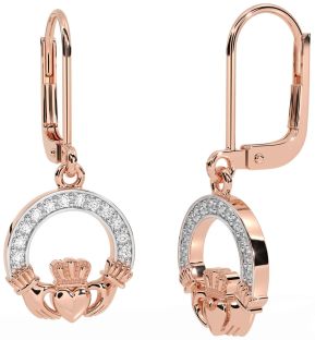 Diamond Rose Gold Silver Claddagh Dangle Earrings
