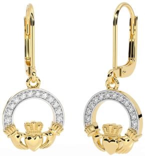 Diamond Gold Silver Claddagh Dangle Earrings