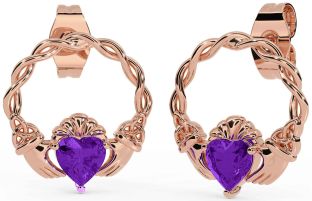 Amethyst Rose Gold Silver Celtic Claddagh Trinity Knot Stud Earrings