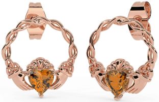 Citrine Rose Gold Silver Celtic Claddagh Trinity Knot Stud Earrings