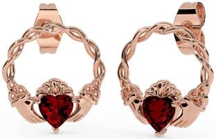 Garnet Rose Gold Silver Celtic Claddagh Trinity Knot Stud Earrings