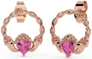 Pink Tourmaline Rose Gold Silver Celtic Claddagh Trinity Knot Stud Earrings