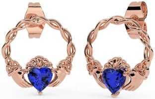 Sapphire Rose Gold Silver Celtic Claddagh Trinity Knot Stud Earrings