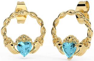 Aquamarine Gold Silver Celtic Claddagh Trinity Knot Stud Earrings