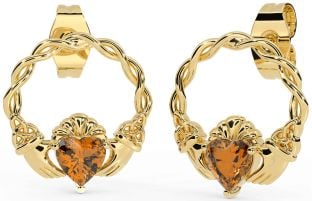 Citrine Gold Silver Celtic Claddagh Trinity Knot Stud Earrings