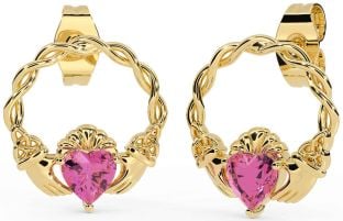 Pink Tourmaline Gold Silver Celtic Claddagh Trinity Knot Stud Earrings