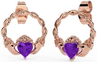 Amethyst Rose Gold Celtic Claddagh Trinity Knot Stud Earrings