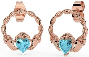 Aquamarine Rose Gold Celtic Claddagh Trinity Knot Stud Earrings