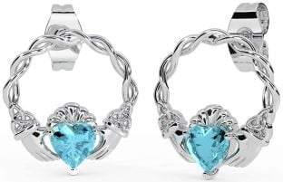 Aquamarine Silver Celtic Claddagh Trinity Knot Stud Earrings