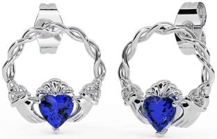 Sapphire Silver Celtic Claddagh Trinity Knot Stud Earrings