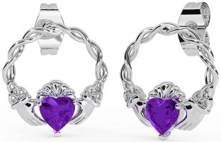 Amethyst White Gold Celtic Claddagh Trinity Knot Stud Earrings