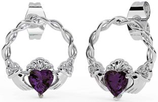 Alexandrite Blanc Or celtique Claddagh Trinité Noeud Goujon Des boucles d'oreilles