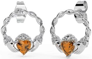 Citrine White Gold Celtic Claddagh Trinity Knot Stud Earrings