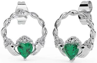 Emerald White Gold Celtic Claddagh Trinity Knot Stud Earrings