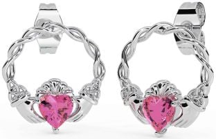 Pink Tourmaline White Gold Celtic Claddagh Trinity Knot Stud Earrings