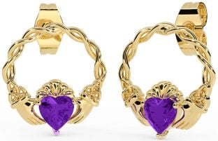 Améthyste Or celtique Claddagh Trinité Noeud Goujon Des boucles d'oreilles