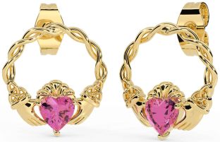 Pink Tourmaline Gold Celtic Claddagh Trinity Knot Stud Earrings