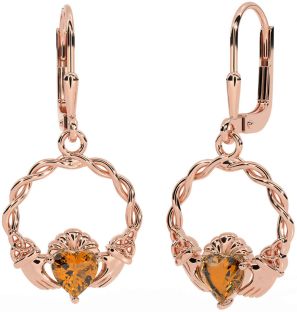 Citrin Rose Gold Nod Celtic Claddagh Trinity de argint Cercei suspendați