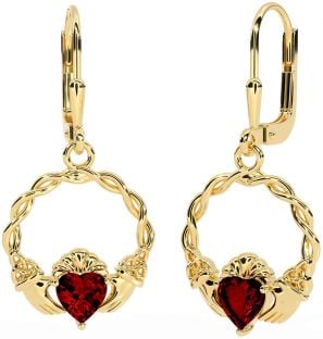 Garnet Gold Silver Celtic Claddagh Trinity Knot Dangle Earrings