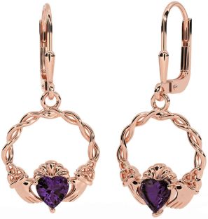 Alexandrite Rose Gold Celtic Claddagh Trinity Knot Dangle Earrings