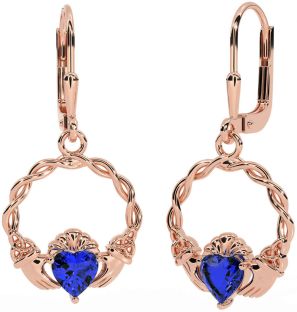 Sapphire Rose Gold Celtic Claddagh Trinity Knot Dangle Earrings