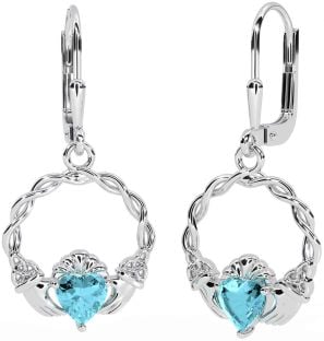 Aquamarine Silver Celtic Claddagh Trinity Knot Dangle Earrings
