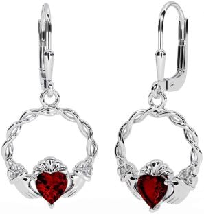 Garnet Silver Celtic Claddagh Trinity Knot Dangle Earrings