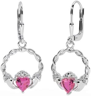 Pink Tourmaline Silver Celtic Claddagh Trinity Knot Dangle Earrings