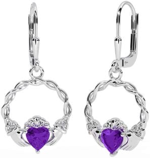 Amethyst White Gold Celtic Claddagh Trinity Knot Dangle Earrings