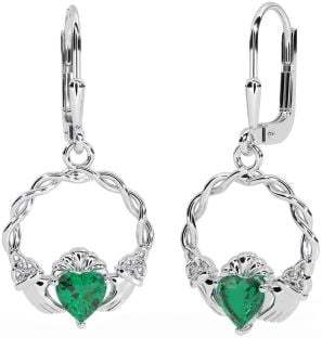 Emerald White Gold Celtic Claddagh Trinity Knot Dangle Earrings