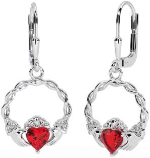 Ruby White Gold Celtic Claddagh Trinity Knot Dangle Earrings