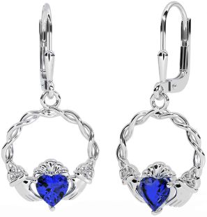 Sapphire White Gold Celtic Claddagh Trinity Knot Dangle Earrings