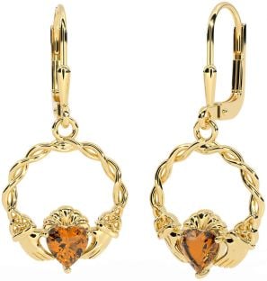 Citrine Gold Celtic Claddagh Trinity Knot Dangle Earrings